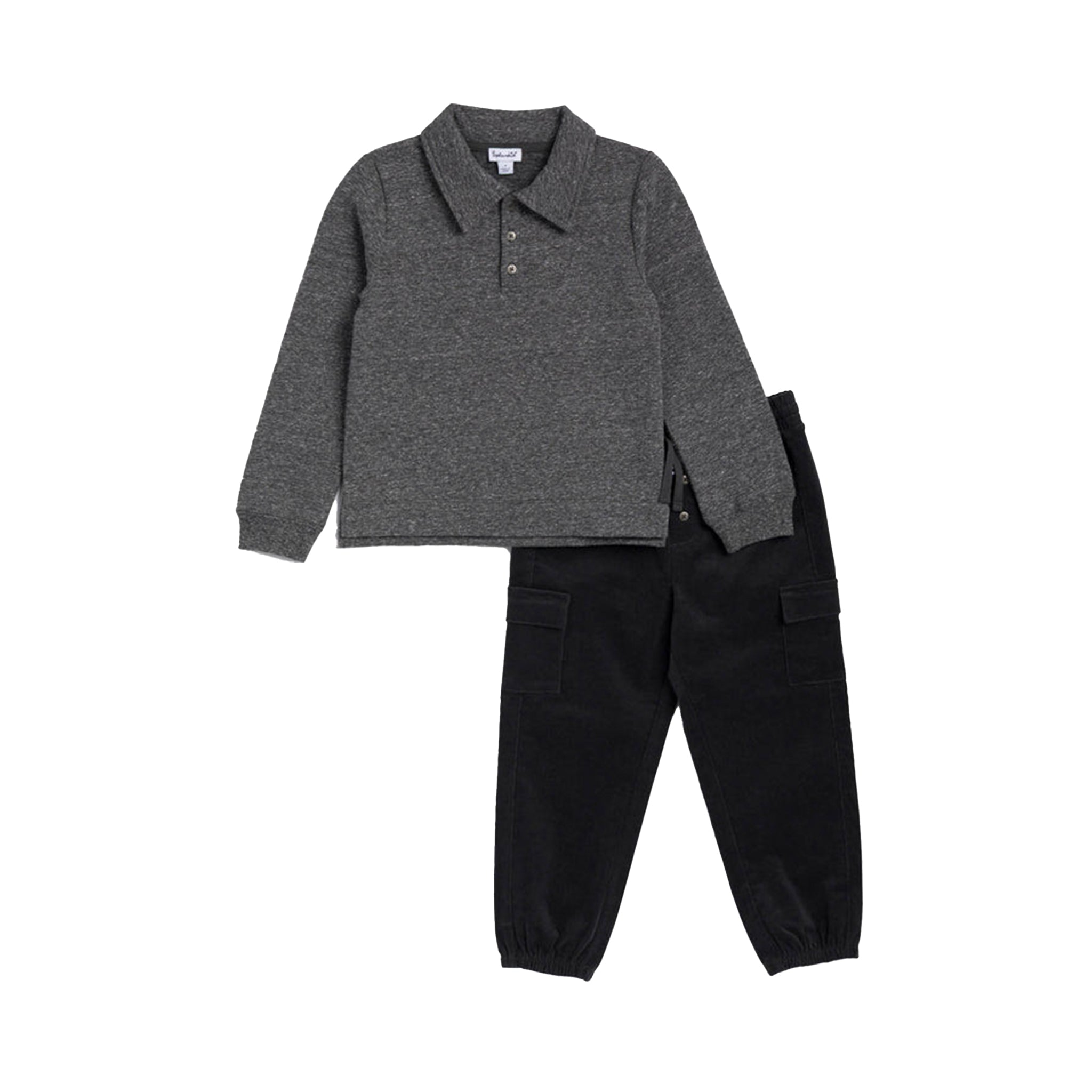 A two-piece children's outfit set featuring a dark gray heathered knit polo shirt with a three-button placket and black corduroy pants with elastic cuffs, displayed on a solid white background.