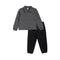 A two-piece children's outfit set featuring a dark gray heathered knit polo shirt with a three-button placket and black corduroy pants with elastic cuffs, displayed on a solid white background.
