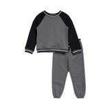 A two-piece kids' lounge set consisting of a raglan long-sleeve sweatshirt and matching jogger pants in heather gray and black, shown on a plain white background.