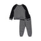 A two-piece kids' lounge set consisting of a raglan long-sleeve sweatshirt and matching jogger pants in heather gray and black, shown on a plain white background.