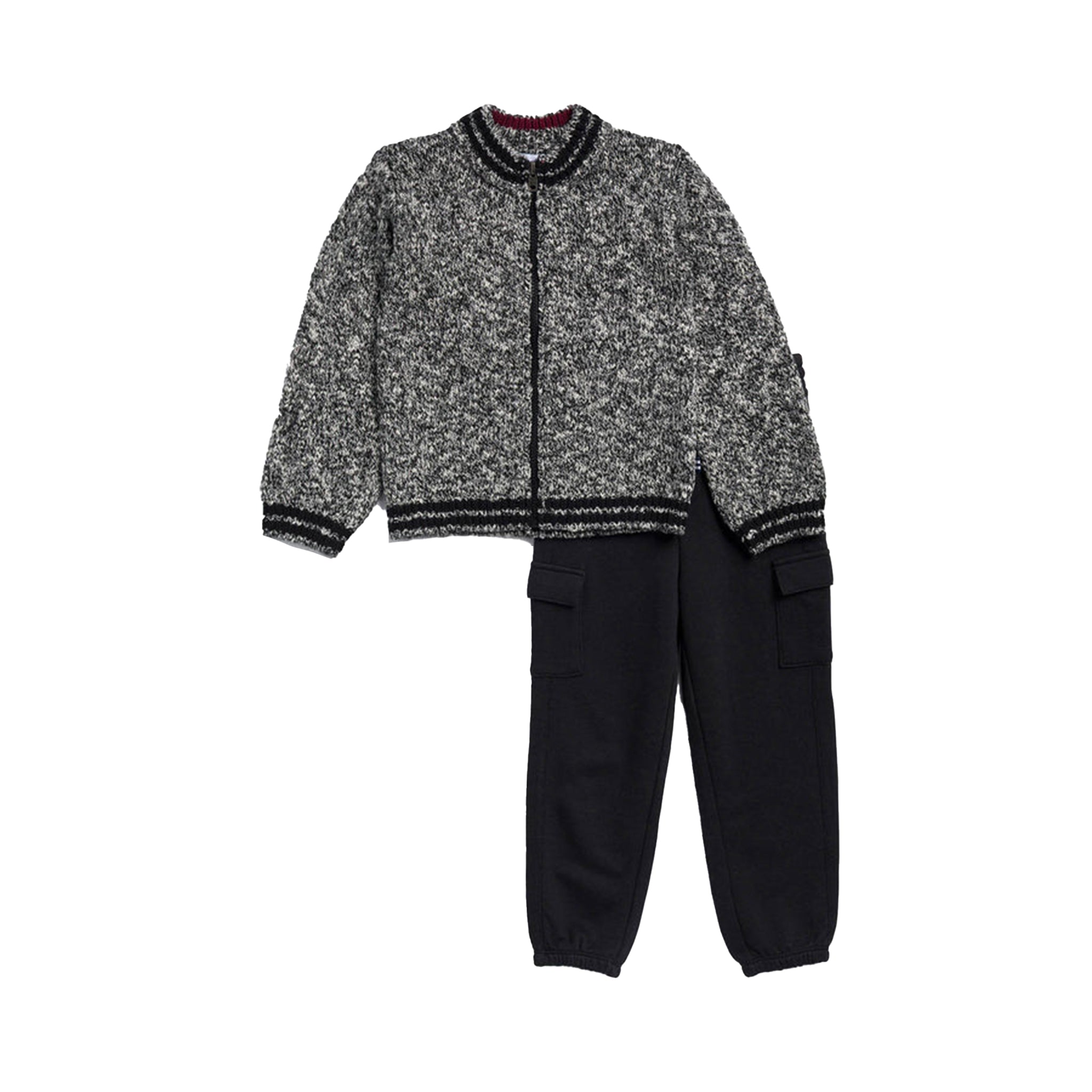 A children's two-piece outfit set featuring a black and white marled knit zip-up jacket with ribbed trim, paired with solid black cargo pants, shown on a plain white background.