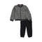 A children's two-piece outfit set featuring a black and white marled knit zip-up jacket with ribbed trim, paired with solid black cargo pants, shown on a plain white background.