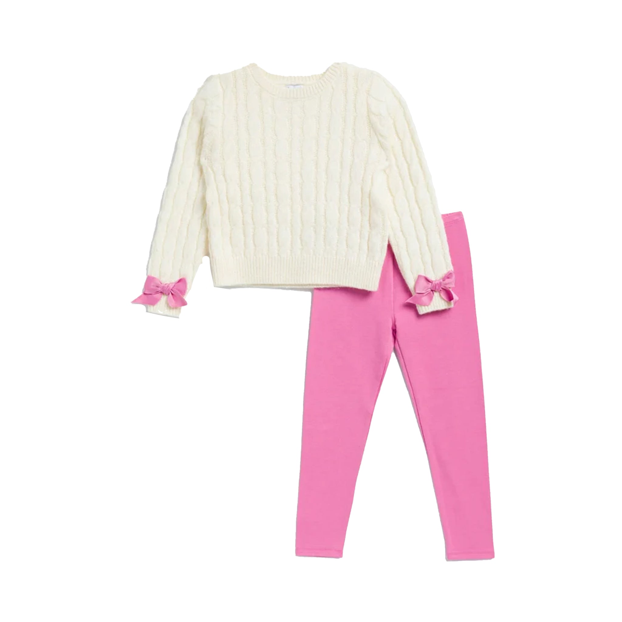 A children's two-piece outfit set featuring a cream cable-knit long-sleeve sweater with pink bow accents on the cuffs, paired with bright pink leggings, shown on a plain white background.