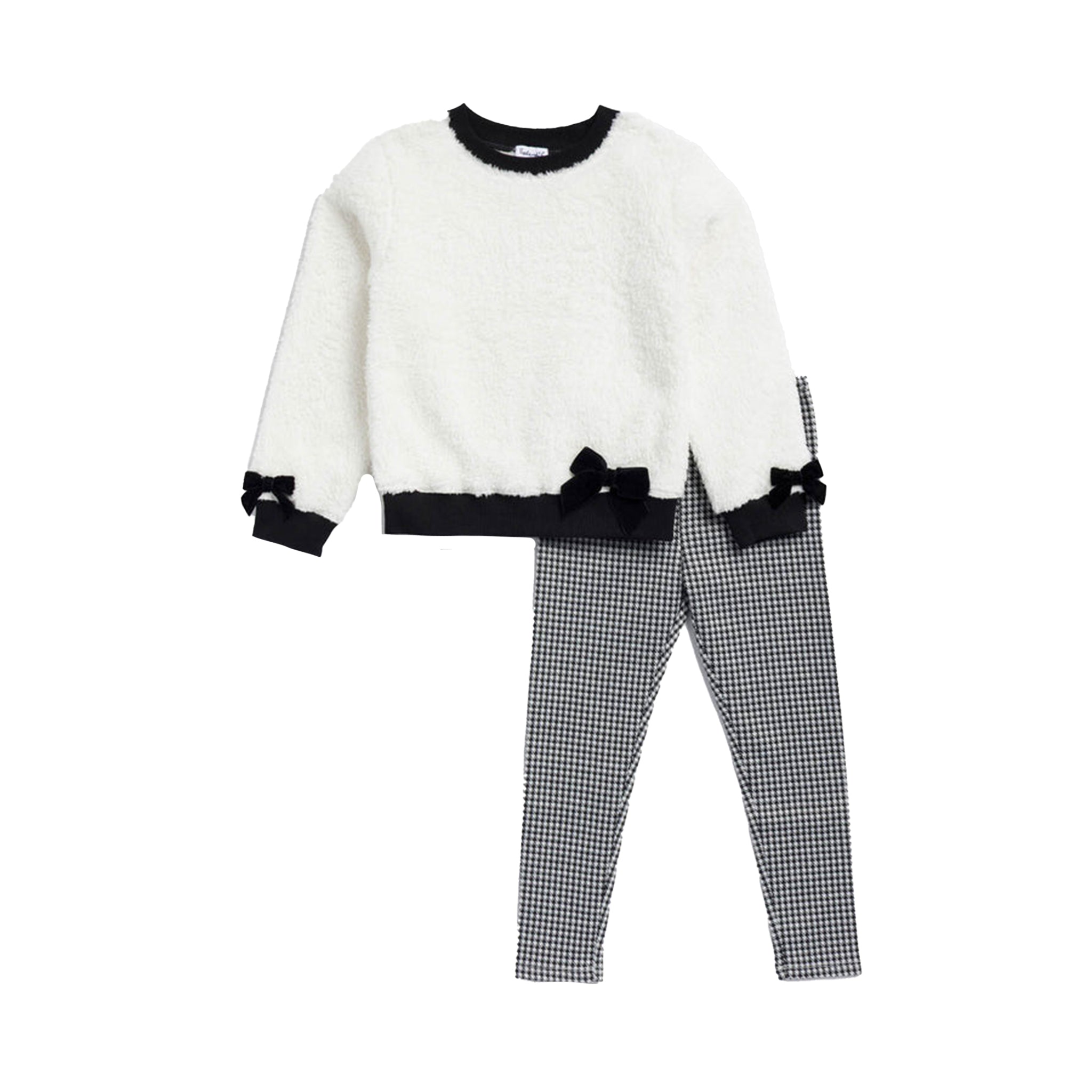A children's two-piece outfit set featuring a fuzzy off-white long-sleeve top with black trim and bow details on the cuffs and hem, paired with black and white gingham checkered pants, shown against a plain white background.