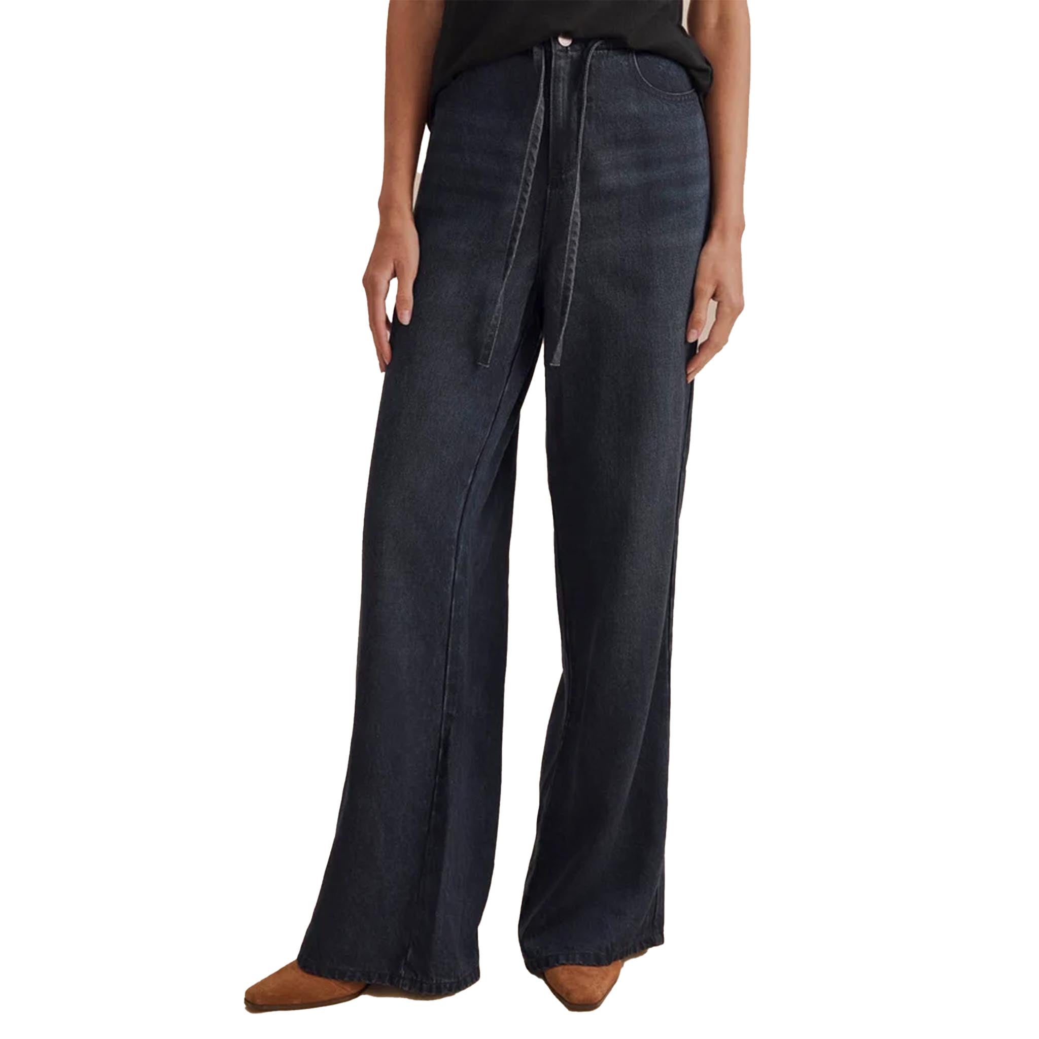 Dark indigo wide-leg jeans with a drawstring waist