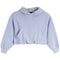 A light blue cropped hoodie sweatshirt with a front kangaroo pocket and drawstring hood, displayed flat against a white background.
