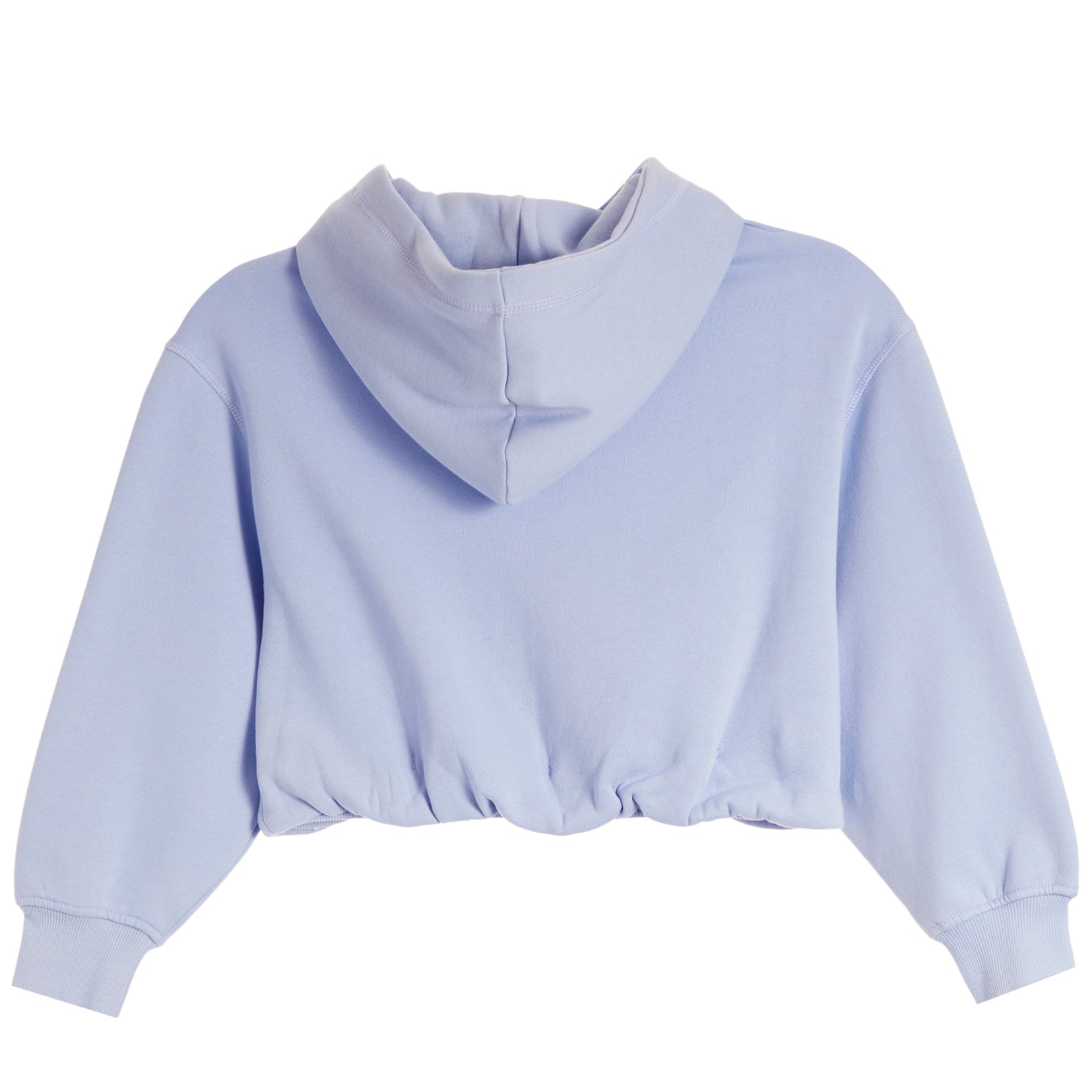 A light blue cropped hoodie with a high folded collar and long sleeves, shown from the back on a solid white background.