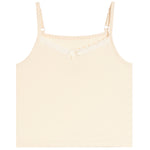 A light cream-colored camisole tank top with thin adjustable straps, a delicate lace trim across the neckline, and a small bow at the center, shown against a plain white background.