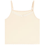 A light cream-colored camisole tank top with thin adjustable straps, a delicate lace trim across the neckline, and a small bow at the center, shown against a plain white background.