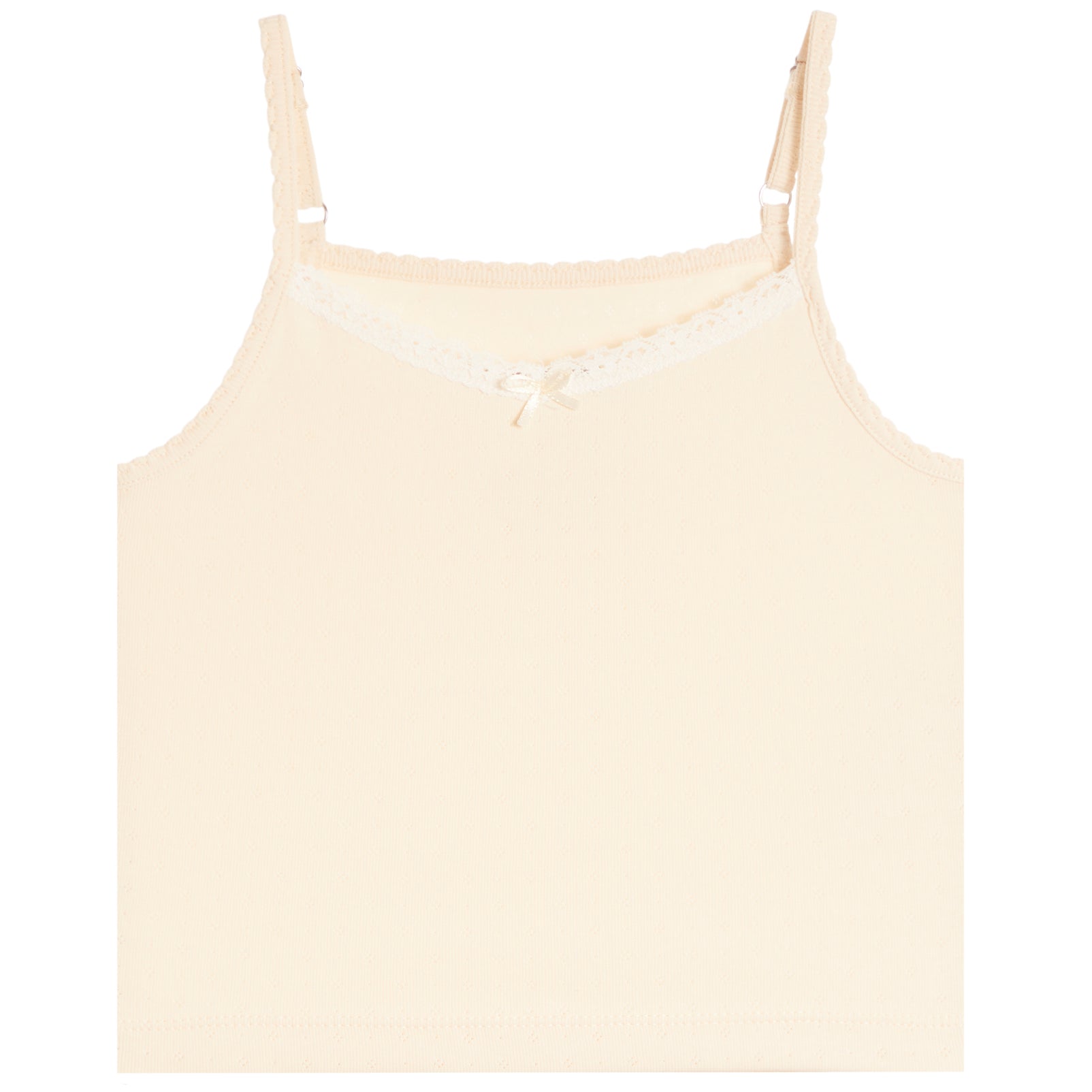 A light cream-colored camisole tank top with thin adjustable straps, a delicate lace trim across the neckline, and a small bow at the center, shown against a plain white background.