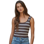 A woman modeling a fitted sleeveless tank top with horizontal dark brown and heather gray stripes against a plain white background.