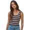 A woman modeling a fitted sleeveless tank top with horizontal dark brown and heather gray stripes against a plain white background.