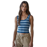 A woman modeling a blue and light bluestriped ribbed tank top against a plain white background.
