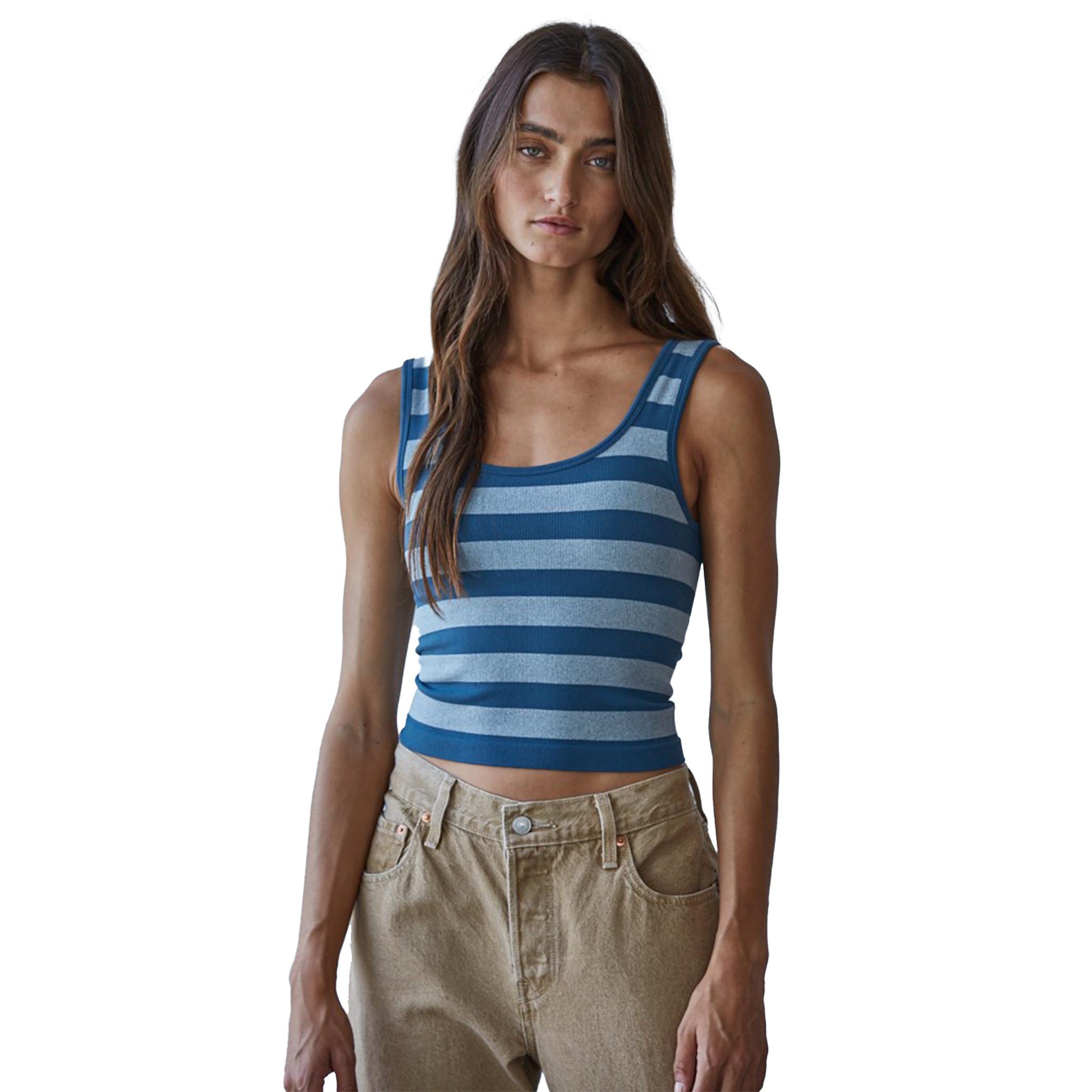 A woman modeling a blue and light bluestriped ribbed tank top against a plain white background.
