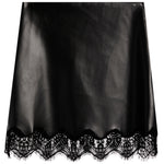 A black faux-leather mini skirt with a scalloped black lace hem, shown flat against a white background.