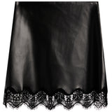 A black faux-leather mini skirt with a scalloped black lace hem, shown flat against a white background.