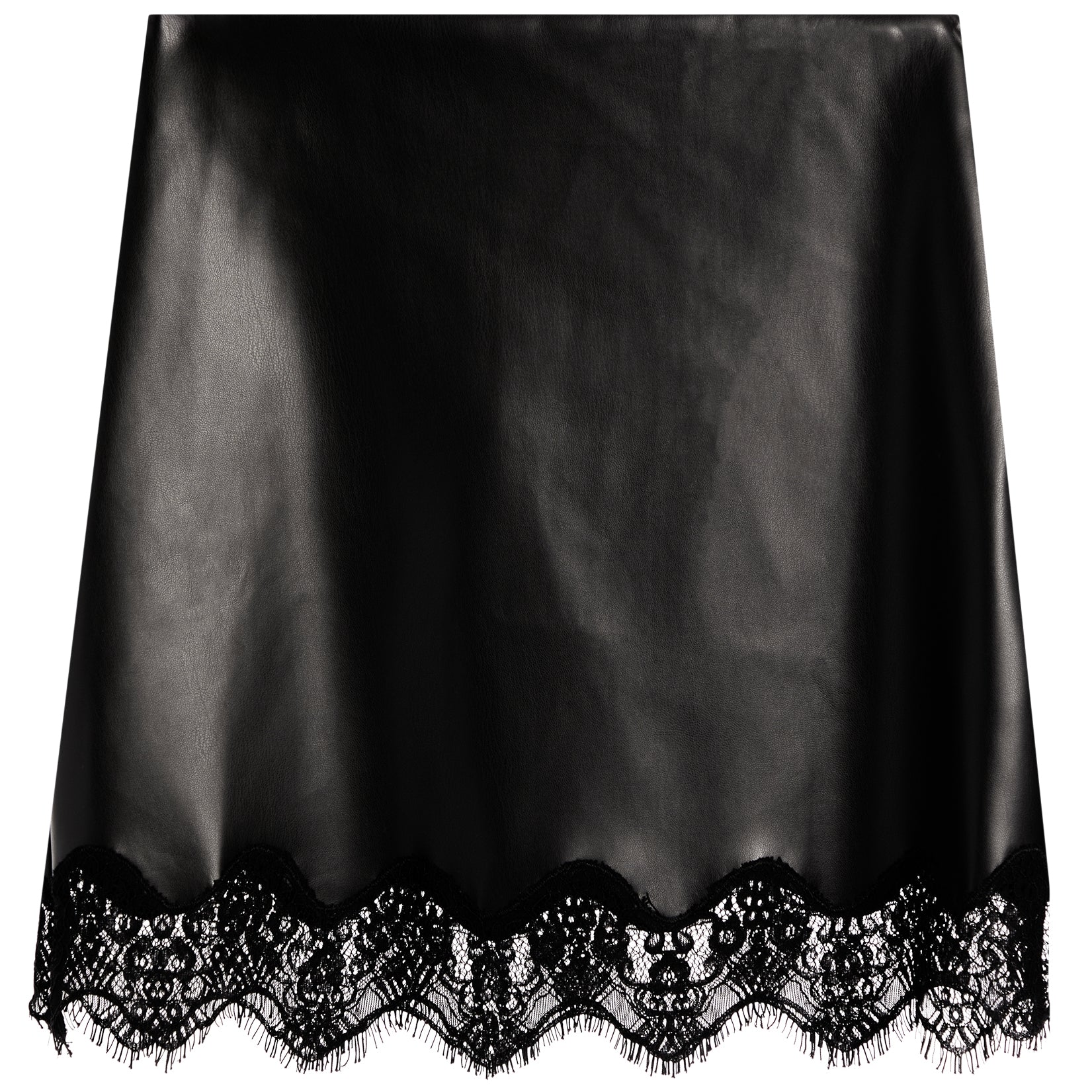 A black faux-leather mini skirt with a scalloped black lace hem, shown flat against a white background.