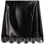 A black faux-leather mini skirt with a scalloped black lace hem, shown flat against a white background.