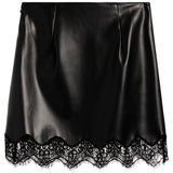 A black faux-leather mini skirt with a scalloped black lace hem, shown flat against a white background.