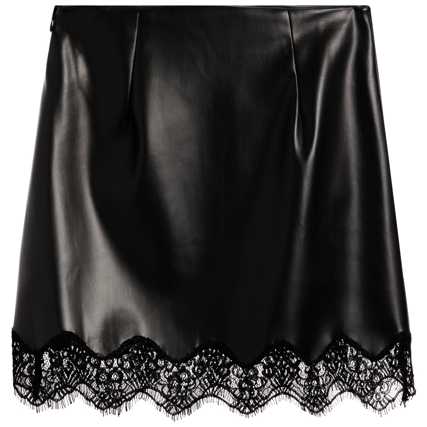 A black faux-leather mini skirt with a scalloped black lace hem, shown flat against a white background.