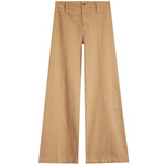 A pair of wide-leg trousers in a warm tan or camel color, shown flat against a solid white background.