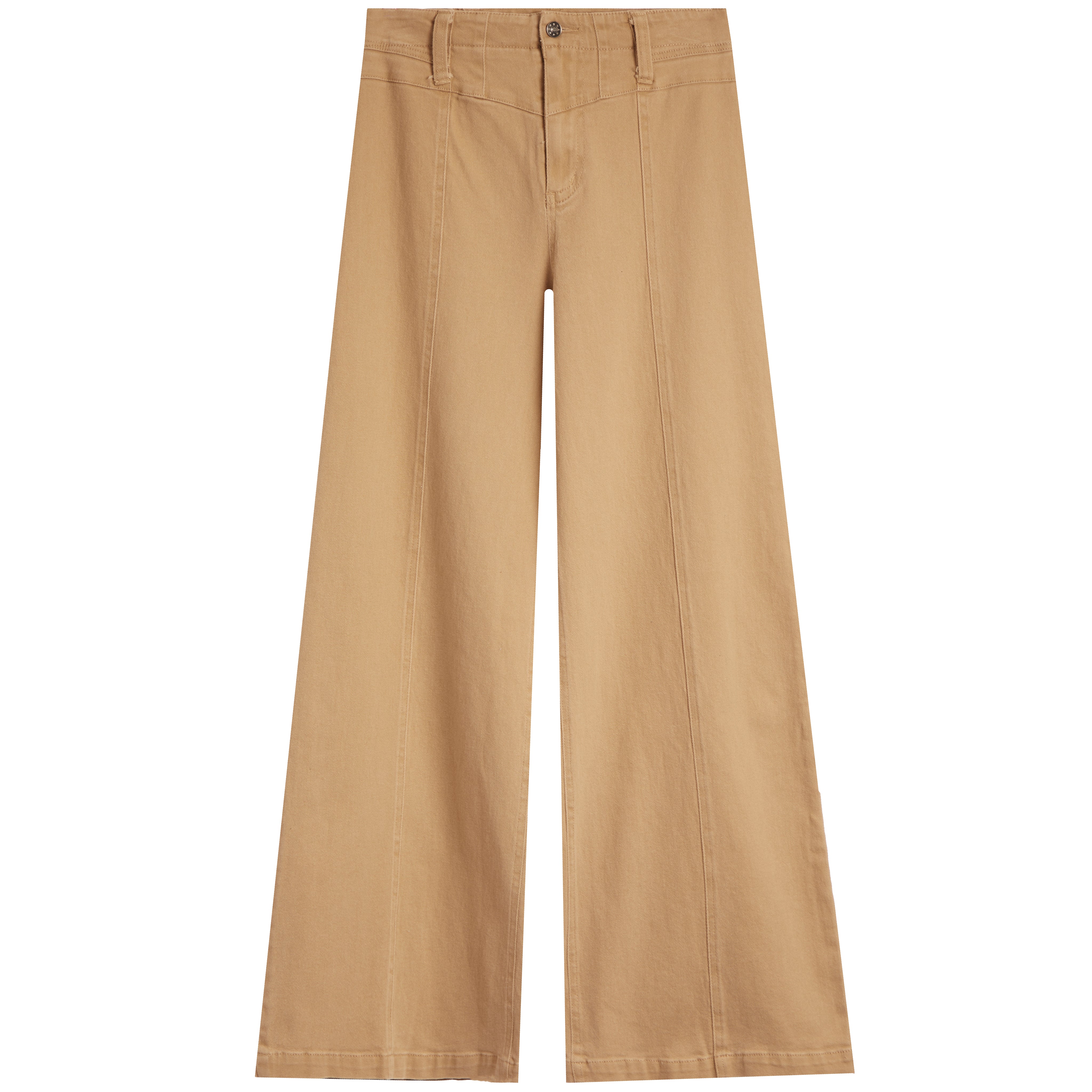 A pair of wide-leg trousers in a warm tan or camel color, shown flat against a solid white background.