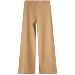 A pair of straight-leg trousers in a warm tan or camel color, shown flat against a solid white background.