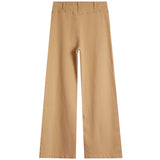 A pair of straight-leg trousers in a warm tan or camel color, shown flat against a solid white background.
