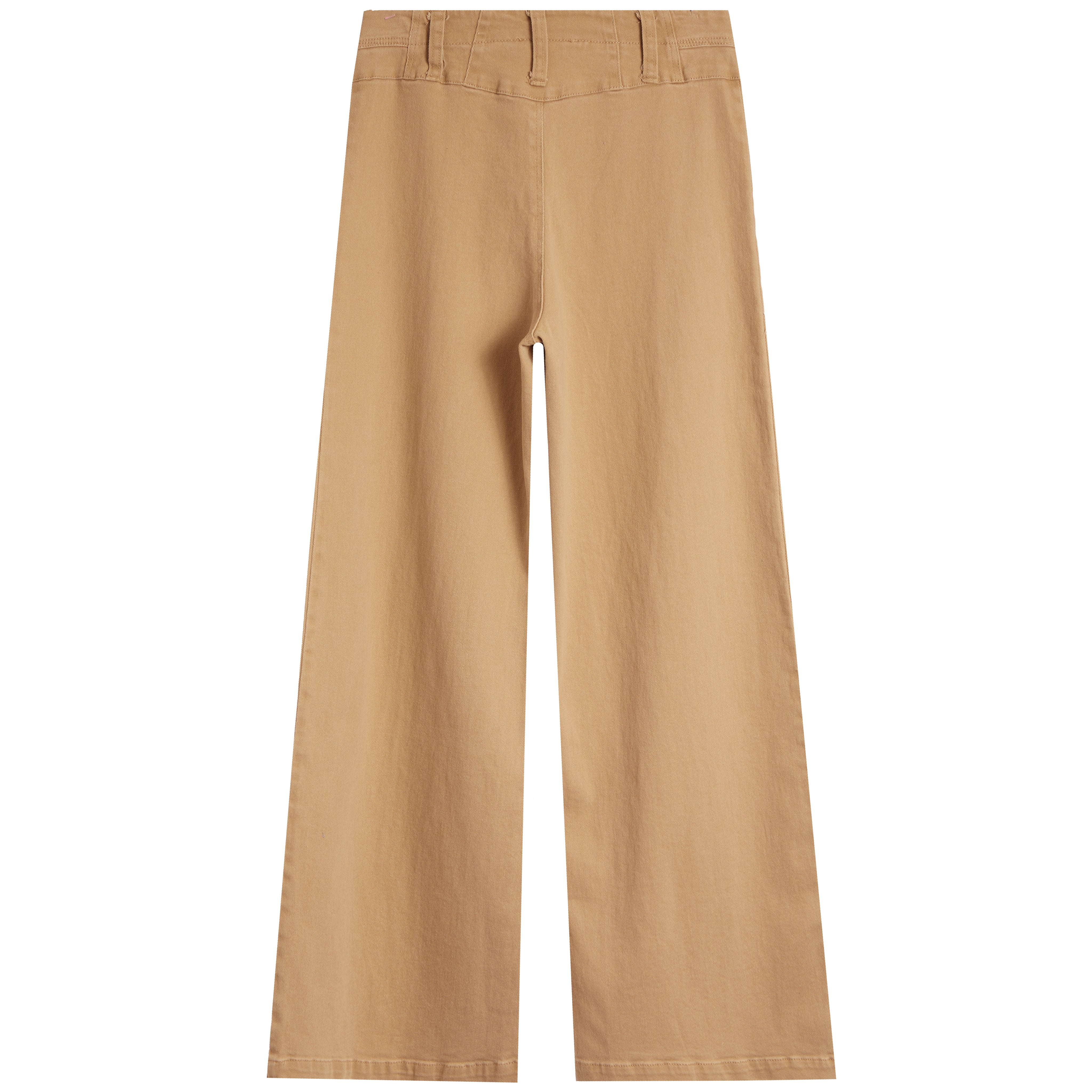 A pair of straight-leg trousers in a warm tan or camel color, shown flat against a solid white background.
