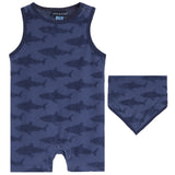 2pc Shark Terry Romper/Bib Set