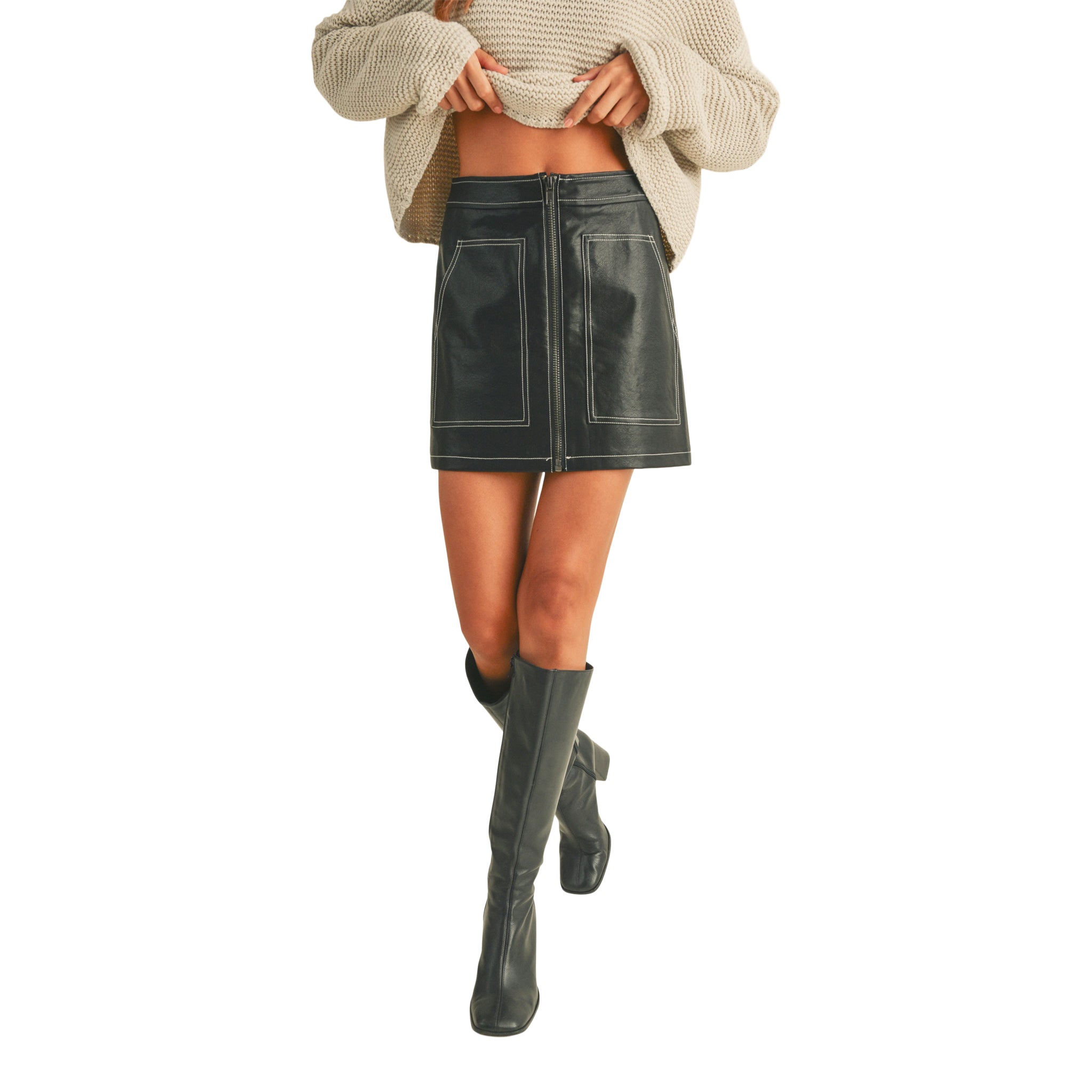 Contrast Zip Front Pleather Skirt - Denny's