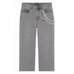 Gray denim jeans with a decorative pearl chain and small silver charms hanging from the right pocket, shown flat against a white background.