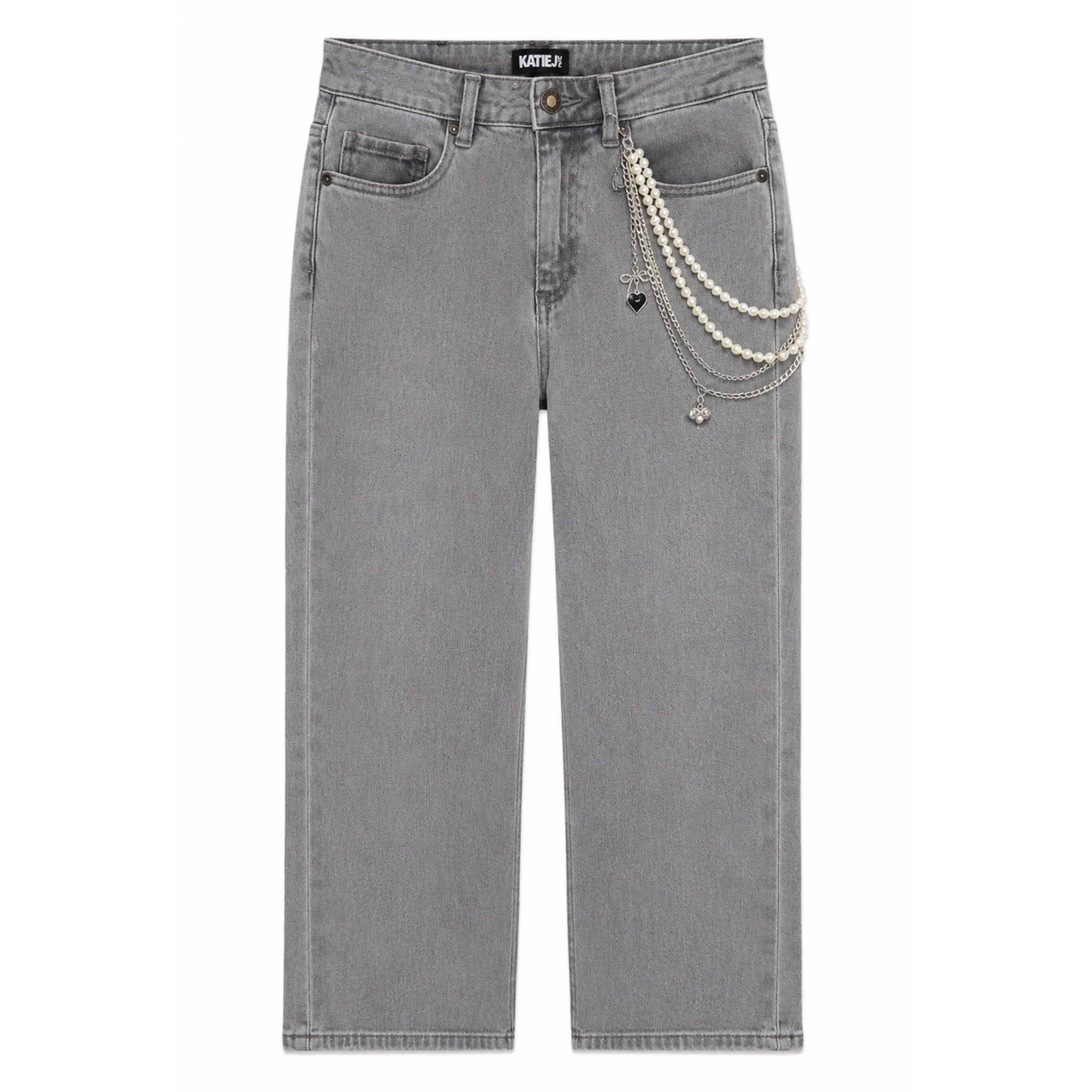 Gray denim jeans with a decorative pearl chain and small silver charms hanging from the right pocket, shown flat against a white background.