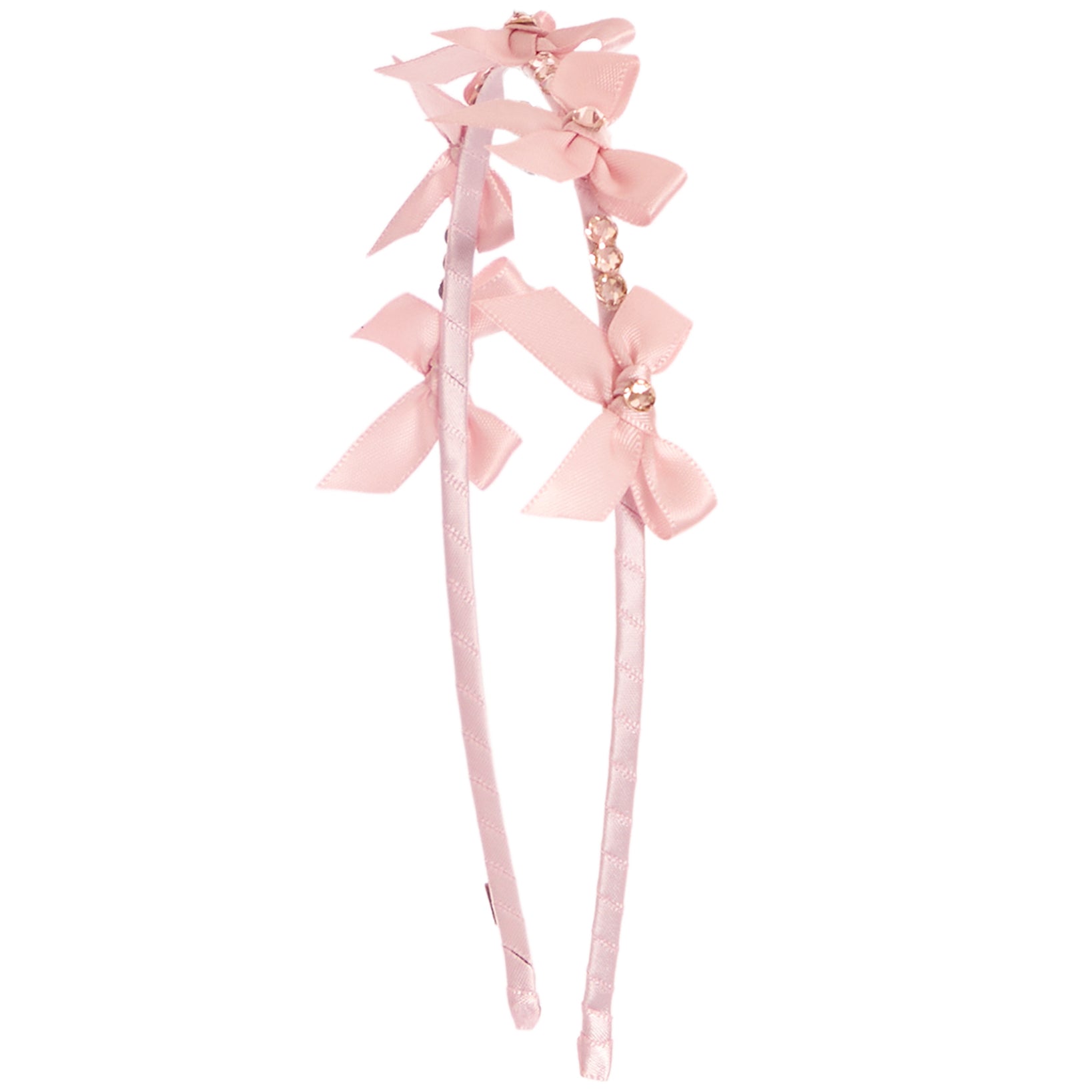 A light blush headband decorated with three matching satin bows and small gold rhinestone accents, shown against a plain white background.