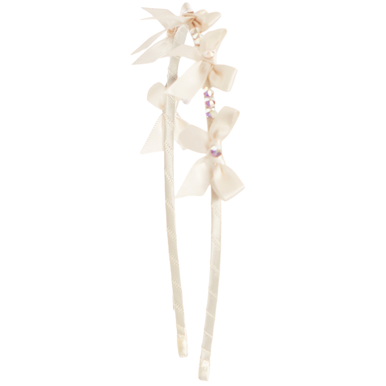 An off-white satin hair accessory featuring three layered bows, rhinestone accents, and a decorative top, attached to two long ribbons on a plain white background.