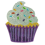 Decorative cupcake-shaped object with colorful rhinestones on a white background