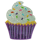 Decorative cupcake-shaped object with colorful rhinestones on a white background