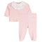 A baby girl's two-piece footed sleeper set in light pink, featuring a long-sleeve top with a white scalloped Peter Pan collar with pink embroidered bow details, and matching pink footed pants.