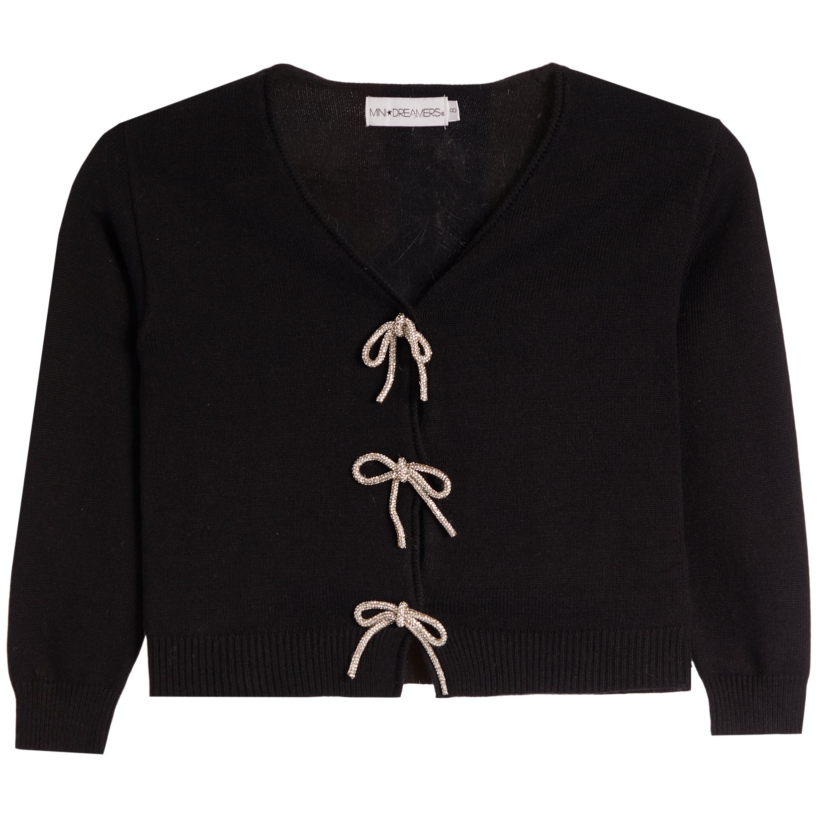 A black knit cardigan sweater with a V-neck, long sleeves, and three decorative beige rope bow closures down the front, shown flat on a white background.