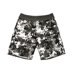 Black white and grey geometric pattern pro series mesh shorts with black waistband on a transparent background