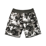 Black white and grey geometric pattern pro series mesh shorts with black waistband on a transparent background