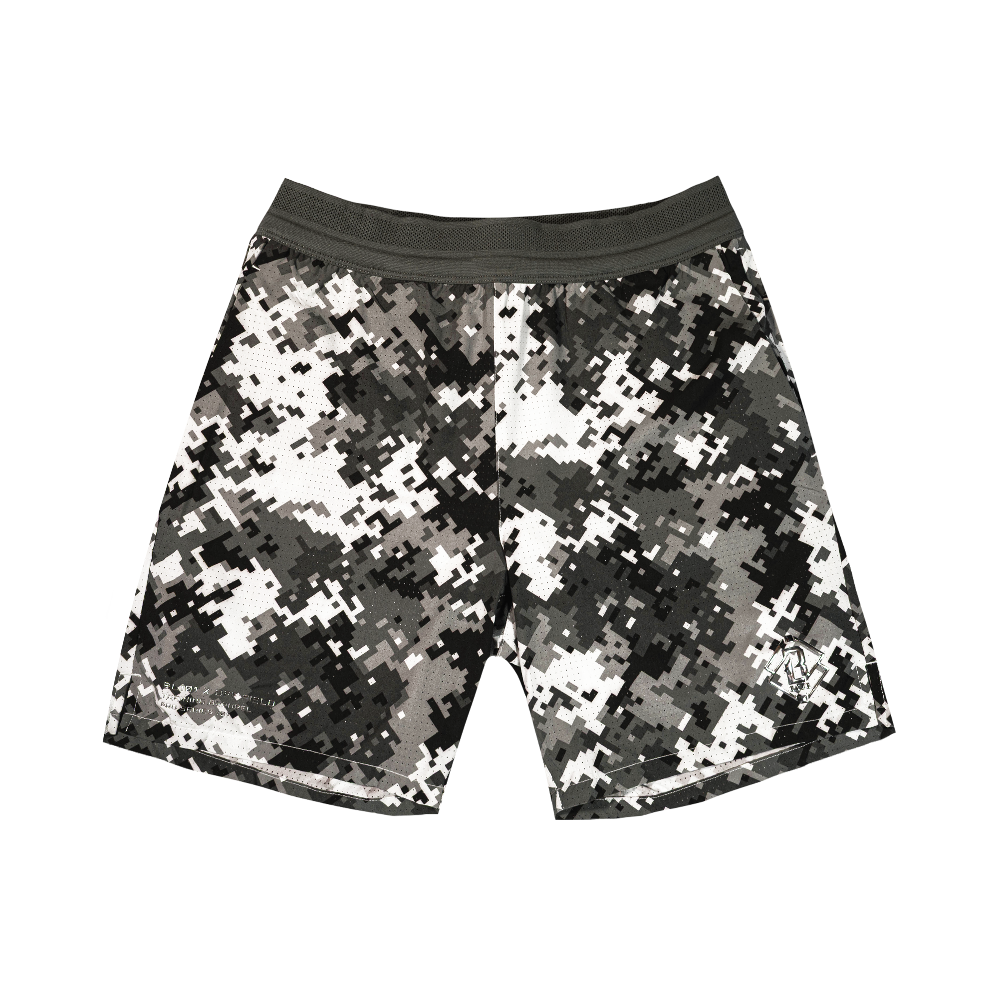 Black white and grey geometric pattern pro series mesh shorts with black waistband on a transparent background