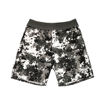Black white and grey geometric pattern pro series mesh shorts with black waistband on a transparent background