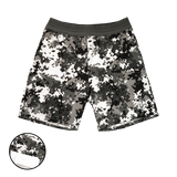 Black white and grey geometric pattern pro series mesh shorts with black waistband on a transparent background