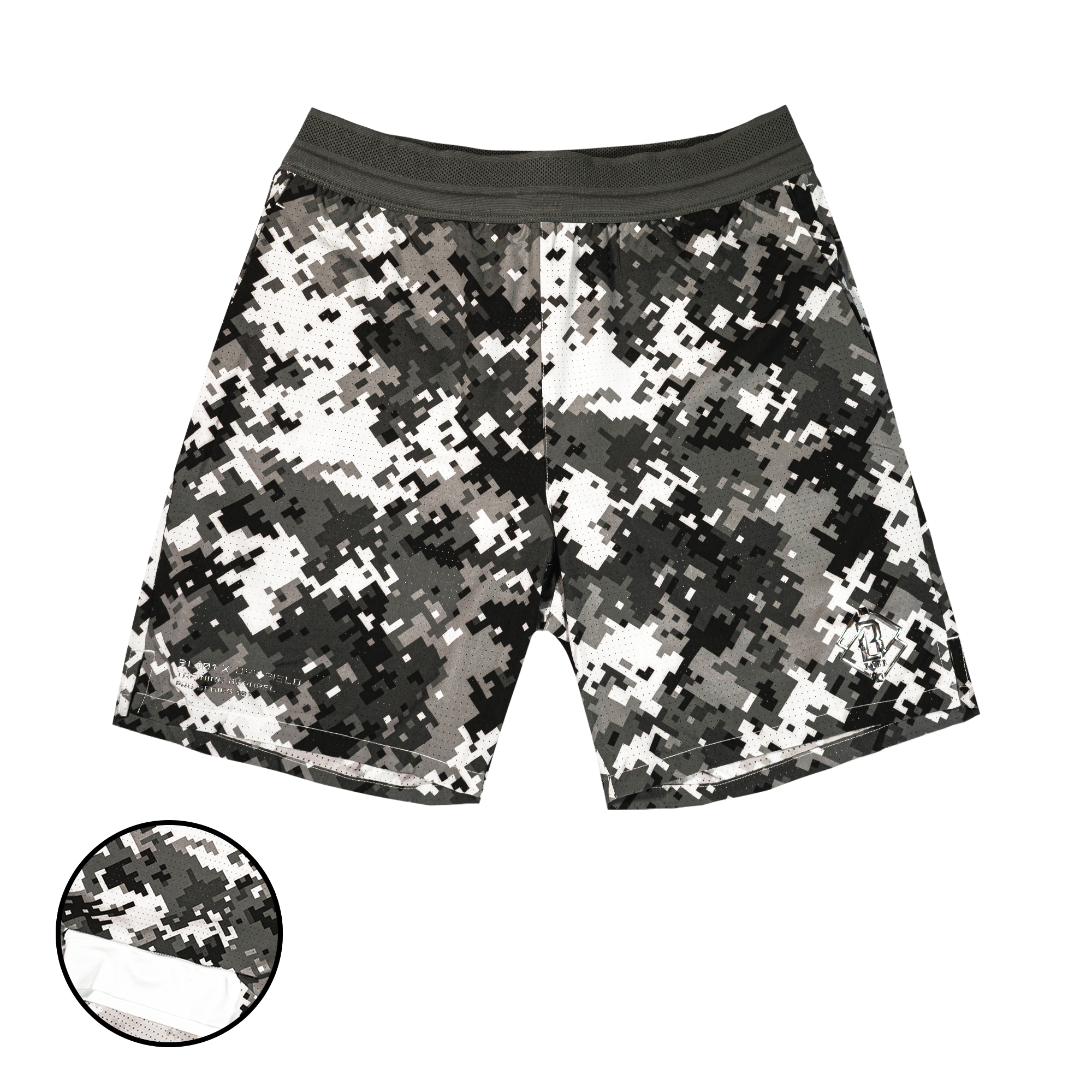 Black white and grey geometric pattern pro series mesh shorts with black waistband on a transparent background