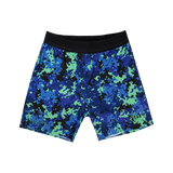 Blue and green geometric pattern pro series mesh shorts on a transparent background