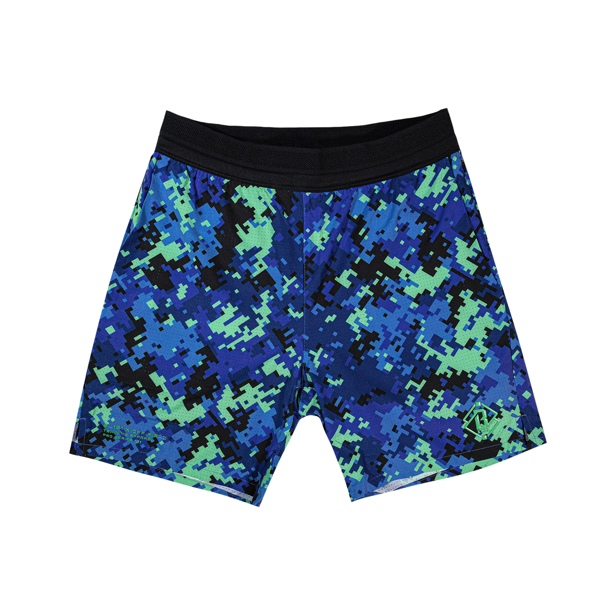 Blue and green geometric pattern pro series mesh shorts on a transparent background