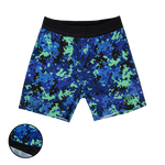 Blue and green geometric pattern pro series mesh shorts on a transparent background
