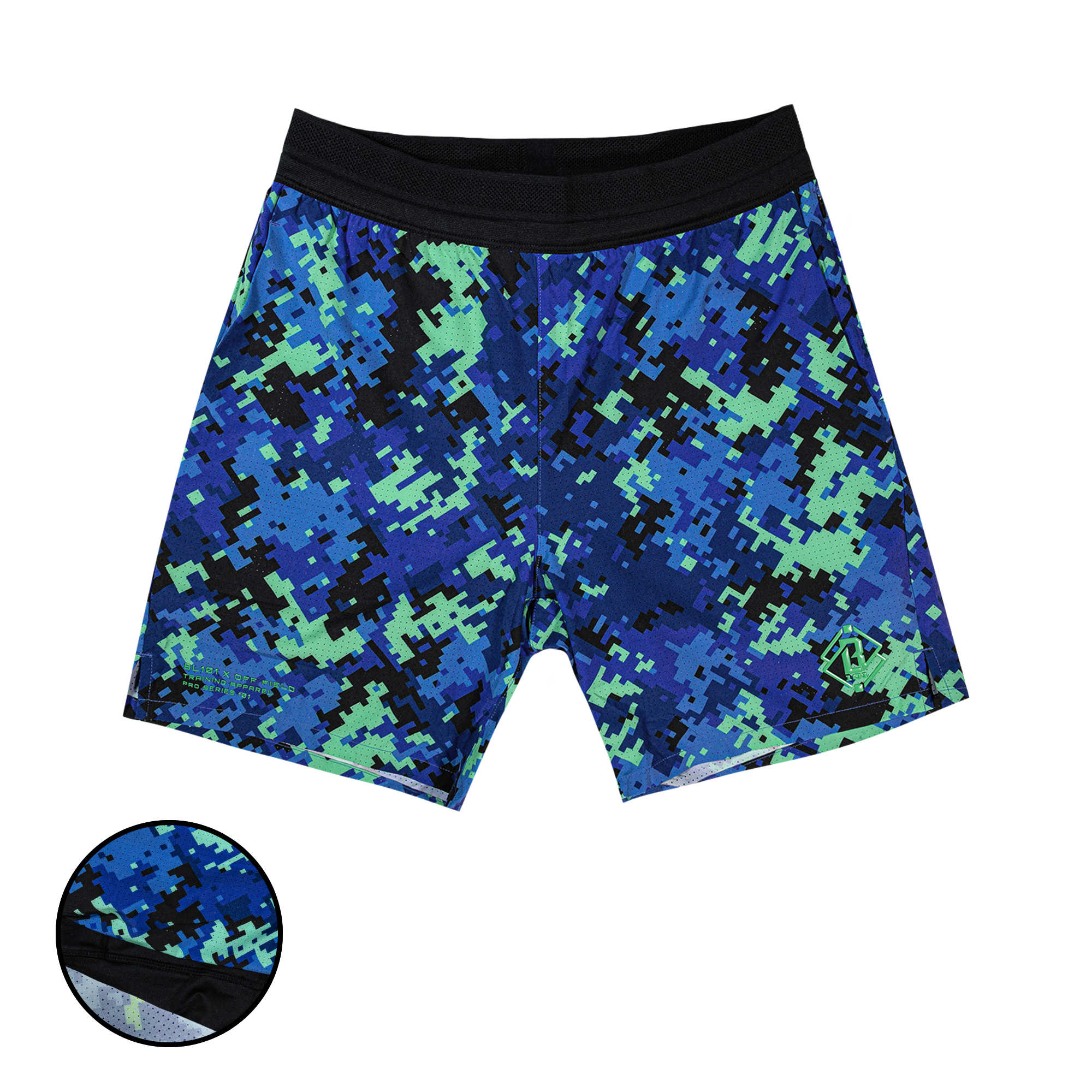 Blue and green geometric pattern pro series mesh shorts on a transparent background
