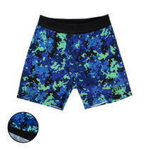 Blue and green geometric pattern pro series mesh shorts on a transparent background